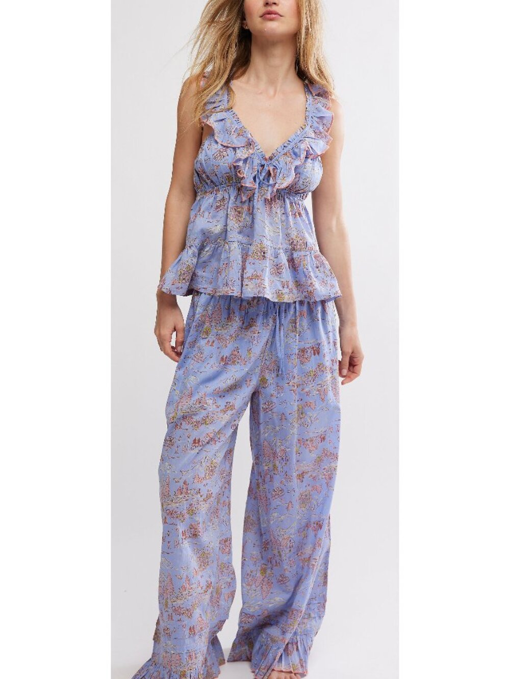Free People Intimately Lavender Floral Ruffle Pajama Set NWT XS